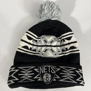 BROOKLYN NETS CUFFED KNIT BEANIE HAT TOQUE GEO TECH BLACK MITCHELL AND NESS NEW